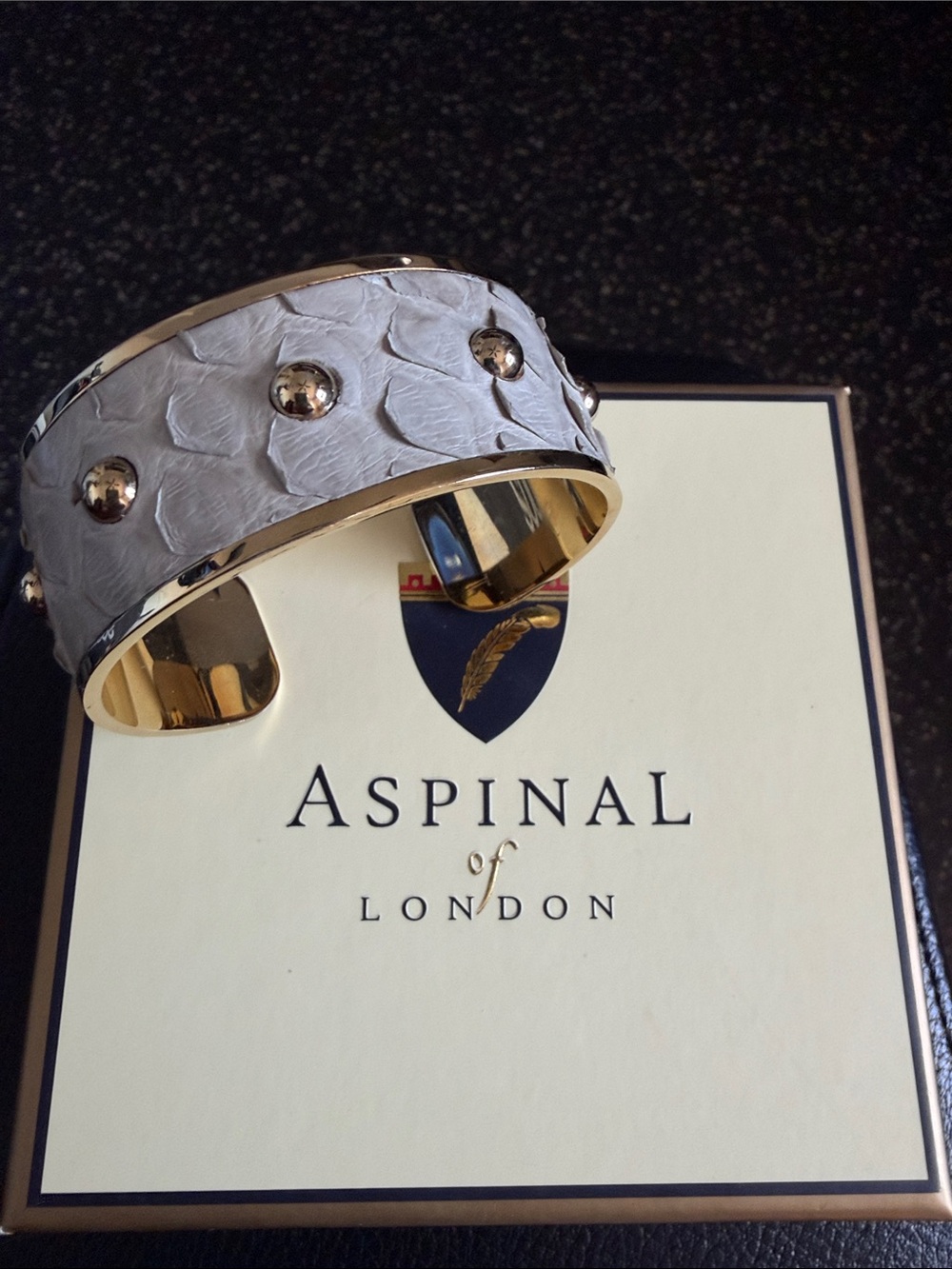 Aspinal of London Grey Textured Leather & Gold Cuff Bracelet